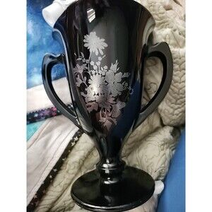 Vintage Black Amethyst Glass Trophy Vase w/ Etched Floral & Double Handles